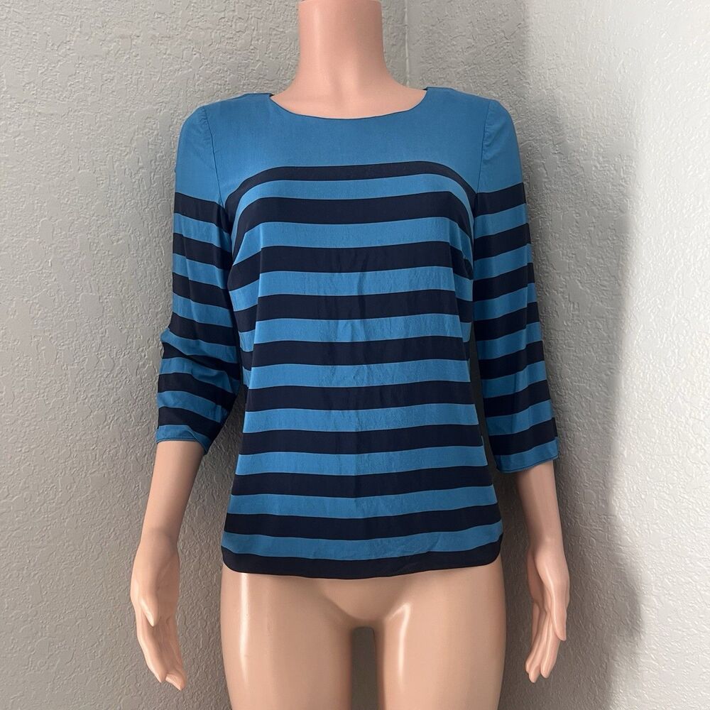 Boden Women's Top US 6 Blue Striped 100% Viscose 3/4 Sleeve Crew Neck Basic #134